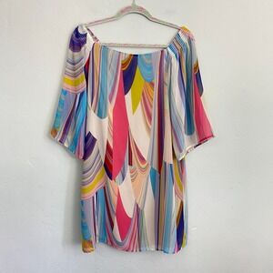 Trina Turk Amaris Rainbow Reflections Georgette Dress Women Size 6 Off Shoulder